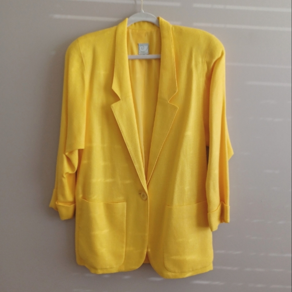 Vtg AMANDA FIELDING Sz. 6 Cropped Sleeve Yellow Rayon/Linen Blazer w/Pockets